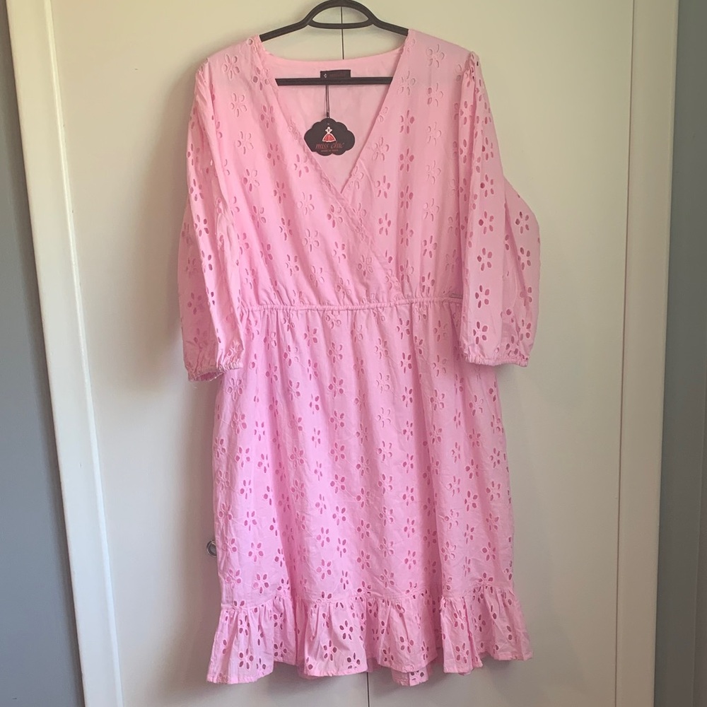 New Miss Chic Pink Floral Eyelet Embroidered Ruffled 3/4 Sleeve Dress Size XL